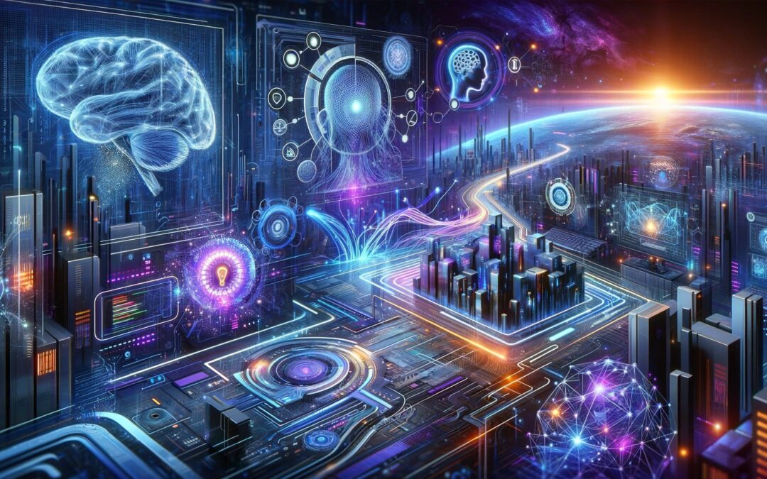Paesaggio digitale futuristico che evidenzia l'innovazione nell'intelligenza artificiale con focus su GPTs e ChatGPT AI, rappresentando reti neurali e tecnologie avanzate