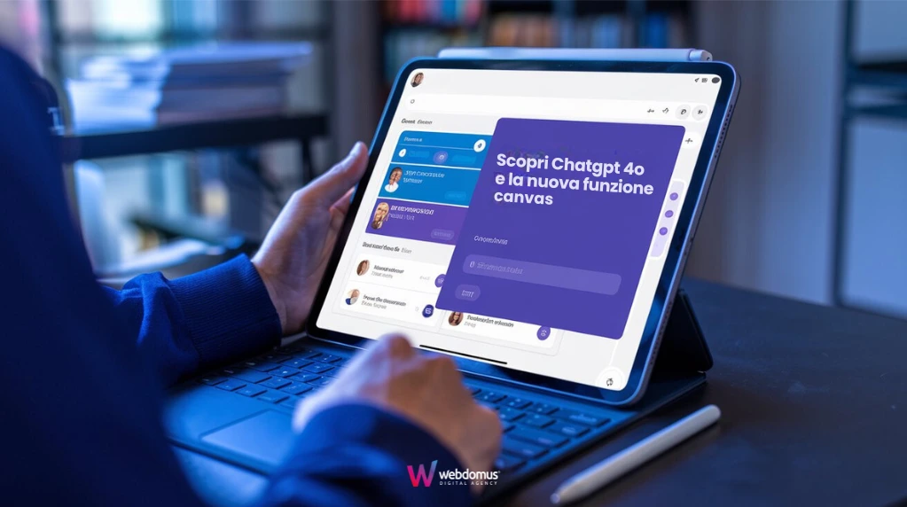 Scopri ChatGPT 4o e la nuova funzione Canvas per la gestione delle idee, mostrato su tablet, Web Domus Digital Agency.