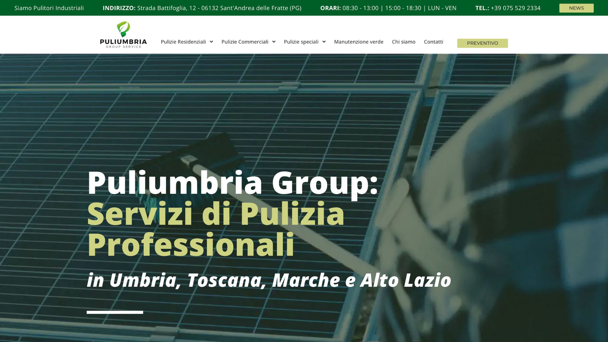 Realizzazione_sito_Puliumbria Servizi di pulizia professionale per industrie, aziende e privati, con un focus su qualità ed efficienza.