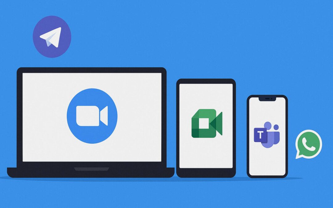 Immagine di copertina con dispositivi che mostrano le migliori alternative a Skype: Zoom, Google Meet, Microsoft Teams, WhatsApp, Telegram