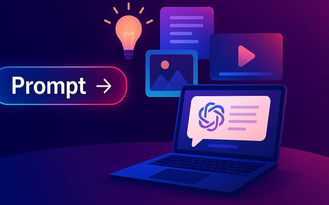 Interfaccia avanzata di ChatGPT 2025 con icona Prompt e laptop in primo piano