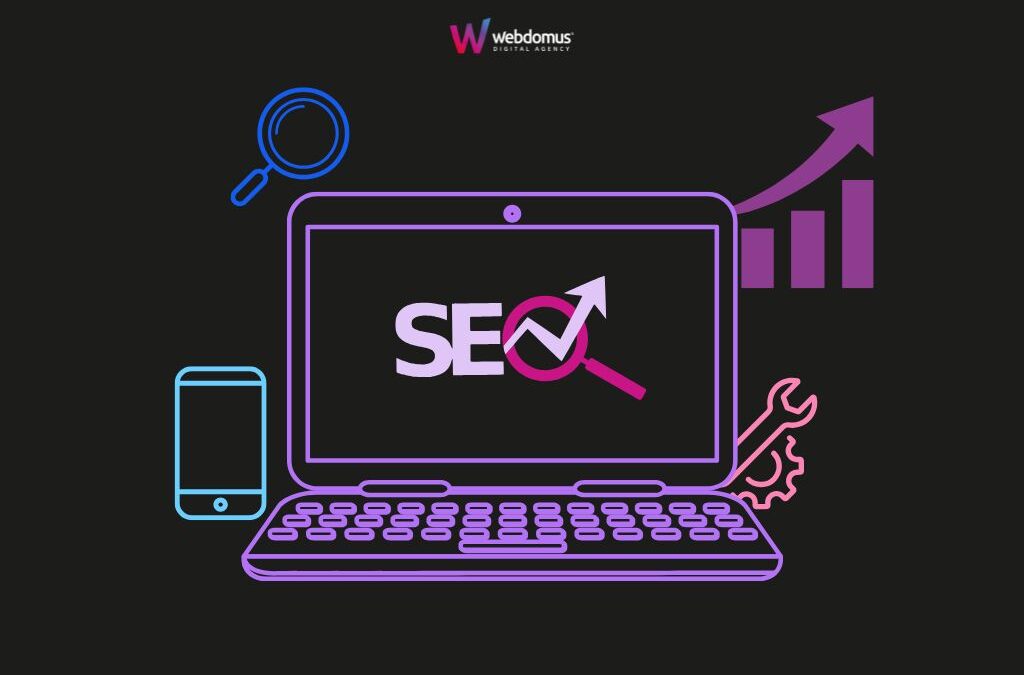 Grafica Web Domus con logo, laptop e icone SEO per rappresentare l’ottimizzazione tecnica dei siti web